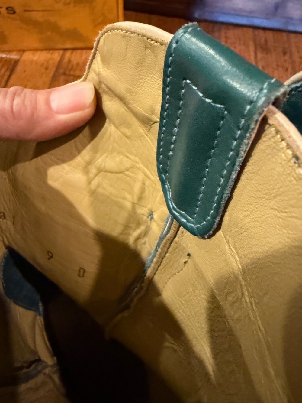 R. Watson Men's Tan Ostrich Leather Cowboy Boots with Teal Shaft - Picture 7 of 11